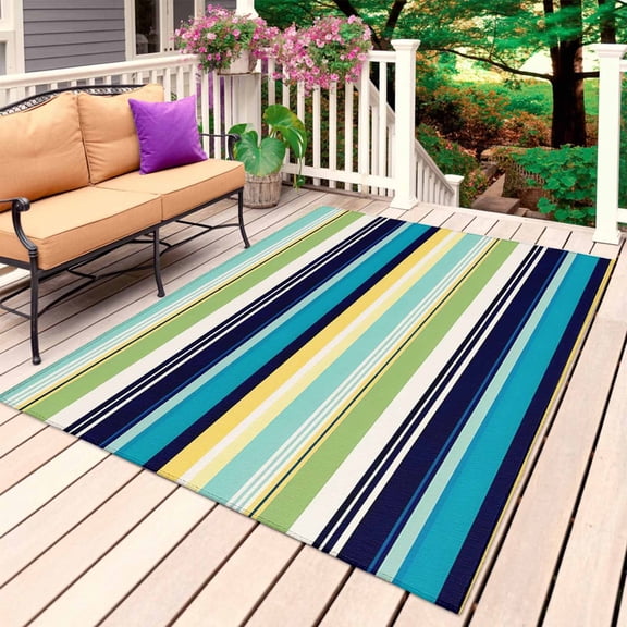 Blue Yellow Green Striped Outdoor Rug for Patio/Deck/Porch, Non-Slip Large Area Rug 5 x 7 Ft, Farmhouse Vintage Stripe Indoor Outdoor Rugs Washable Area Rugs, Reversible Camping Rug Carpet Runner
