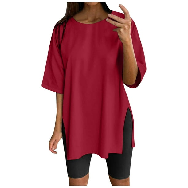 Blusa estampada de manga corta y cuello redondo para mujer: top holgado informal, tejido mixto, aberturas laterales, camiseta versátil para todas las estaciones