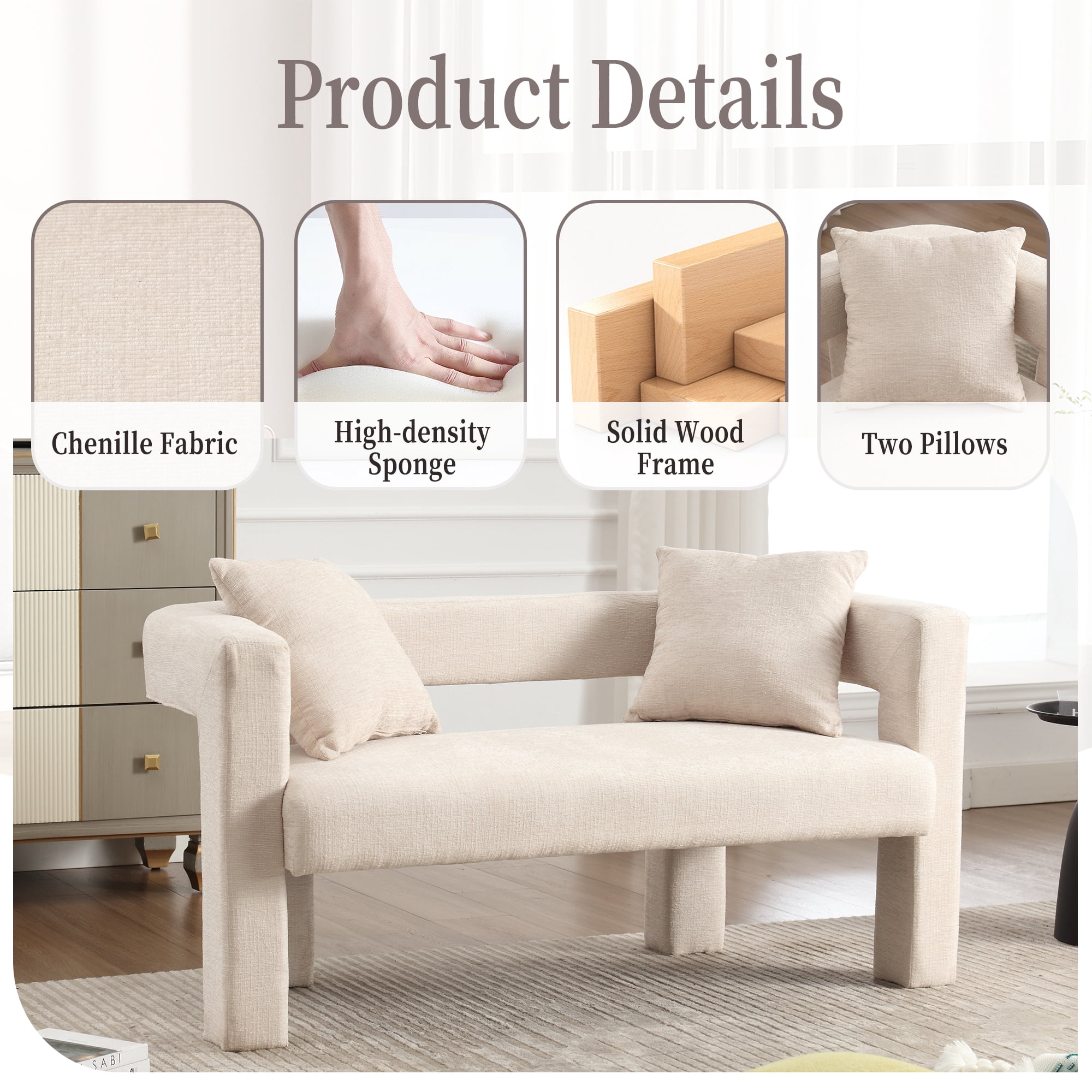 MAYEERTY Modern Chenille Loveseat Sofa , Comfy Upholstered 2-Seater Sofa, Small Loveseat Accent Couch for Living Bedroom Leisure Areas (Beige)