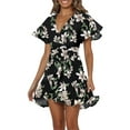 thumbnail image 2 of V-Neck Flower Print Bohemian Style Women Flared Dress With Belt, 2 of 3