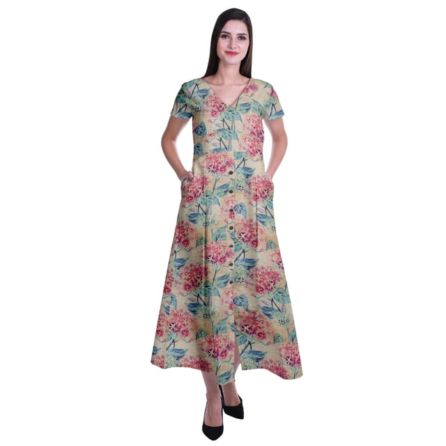 Moomaya Robe Longue Maxi pour Femmes à Manches Courtes, Robe Formelle/décontractée avec Poches P-TTG