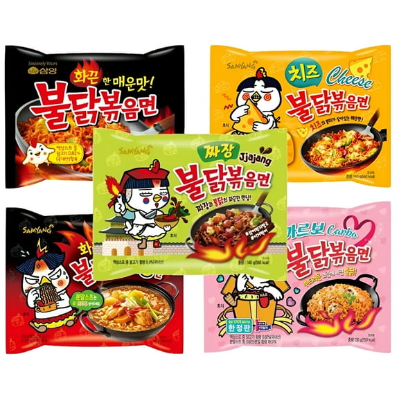Samyang Buldak Chicken Stir Fried Ramen Korean Ramen (5 Flavor Combo, 5 Pack)