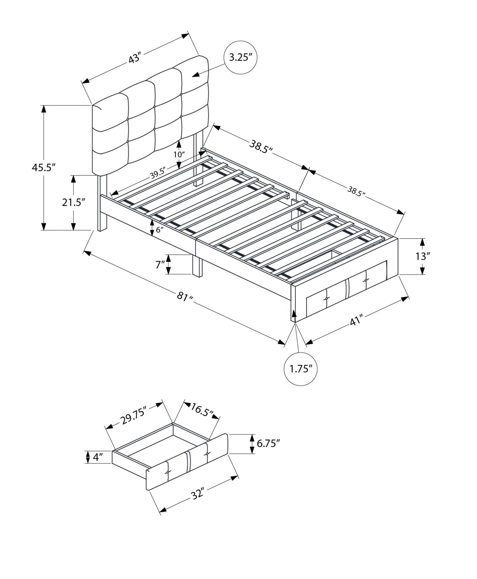Monarch Specialties - I 5900T Bed, Twin Size, Juvenile, Frame Only, Bedroom, Grey Linen Look
