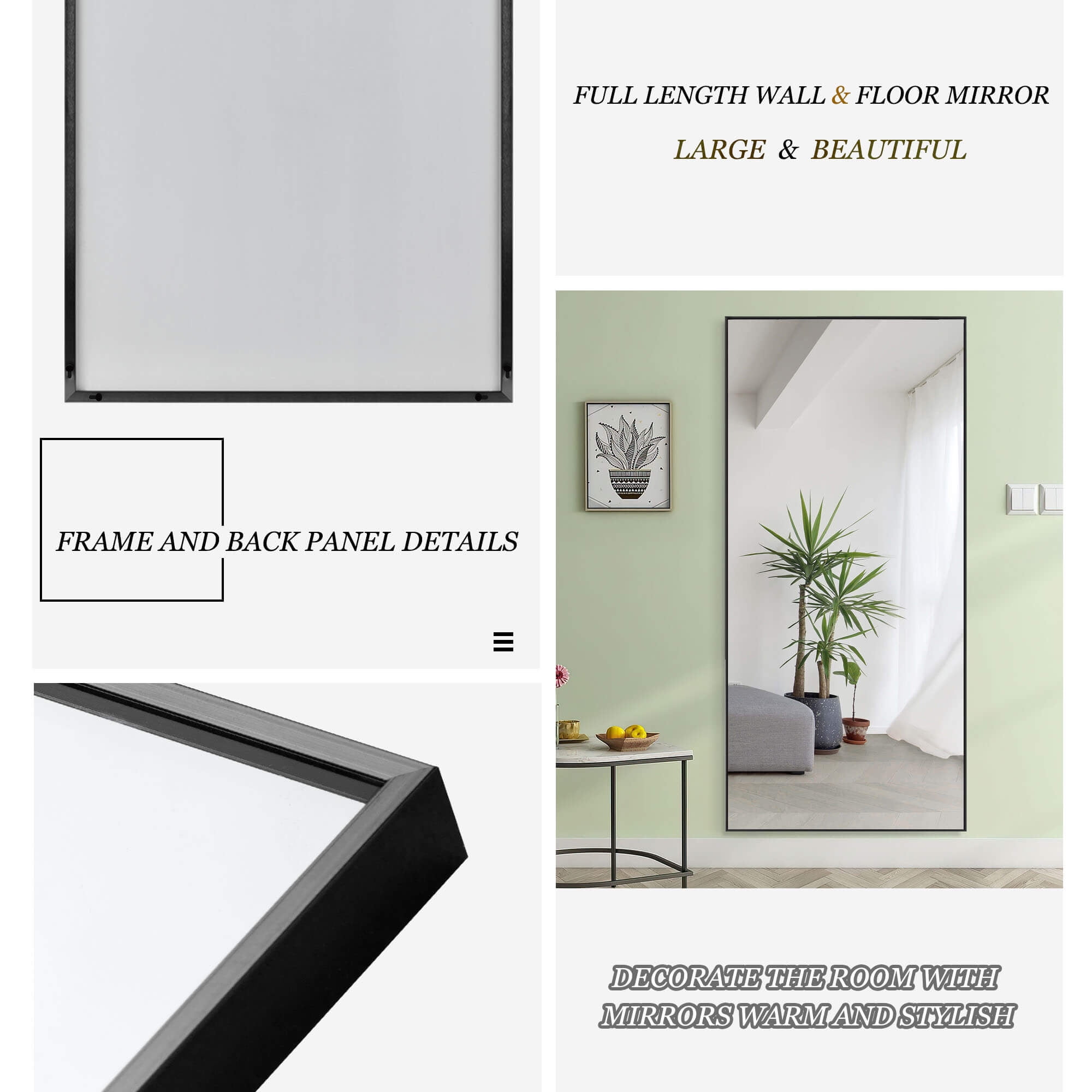 71" x 24" Floor Mirror Rectangular Mirror Full Length Mirror Large Mirror with Stands Black
