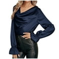 thumbnail image 2 of OKBOP Long Sleeve Tops for Women,Plus Size Casual Loose Solid Satin Pullover Collar T-Shirt Short Sleeve Blouses for Women Custom Shirt, 2 of 7