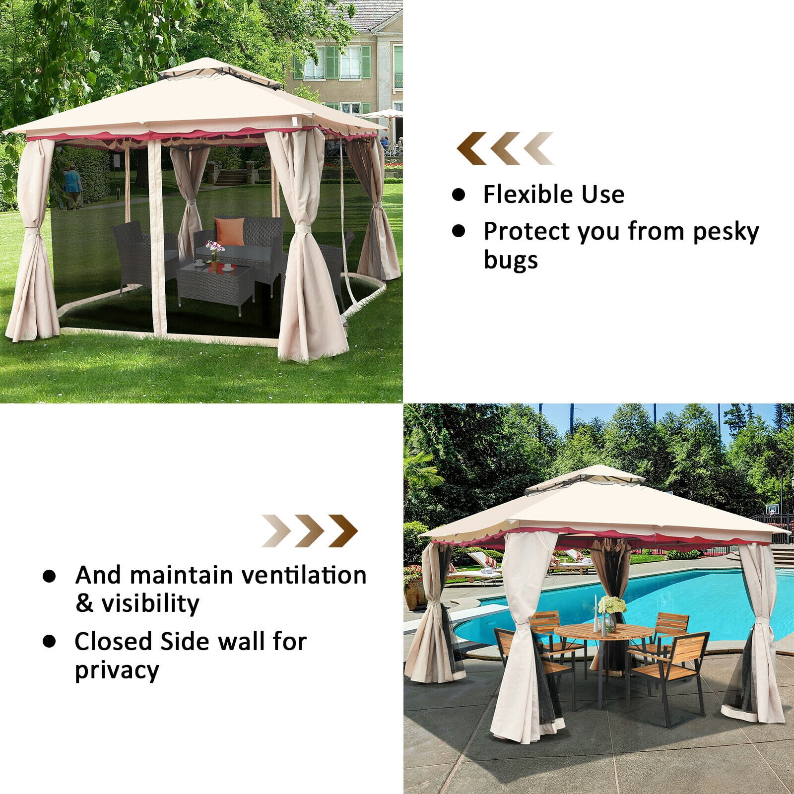 LAUSAINT HOME Patio Gazebo 10'x10',Heavy Duty Gazebos Shelter Party Tent with Double Roofs, Mosquito Nettings for Backyard, Garden, Lawn,(Khaki)