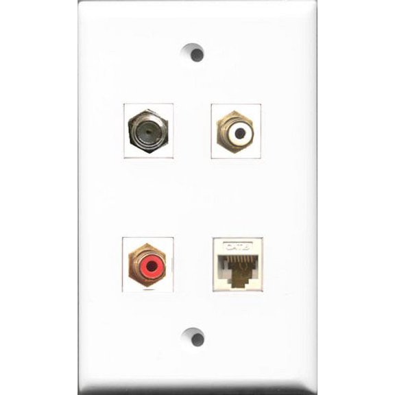 RiteAV 1 Port RCA Red and 1 Port RCA White and 1 Port Coax Cable TV- F-Type and 1 Port Cat6 Ethernet White Wall Plate