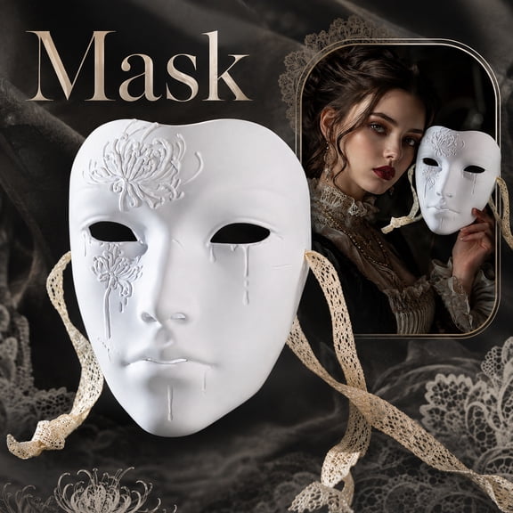 White Masquerade Mask Full Face Venetian Mask 7 Inch Decorative Floral Emboss Design Mask for Masquerade Party Mardi Gras Halloween Accessory, 1 Pack