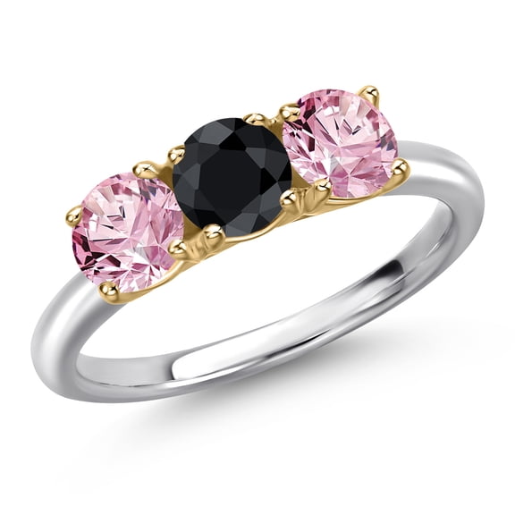Gem Stone King 10K Two Tone Gold Black Sapphire and Pink Lab Grown Diamond Engagement Ring for Women | 1.69 Cttw | Round 5MM | Gemstone September Birthstone | Size 9