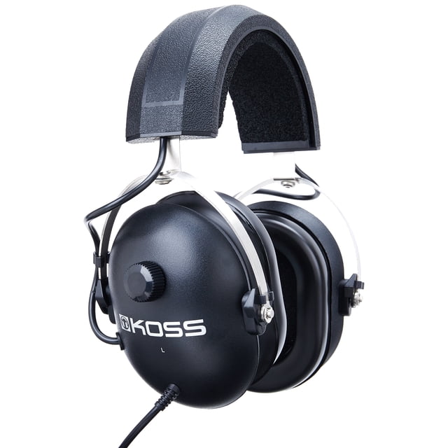 auriculares koss qz-99 estéreo con reducción de ruido, color negro — vista 3/4 frontal de auriculares cerrados negros con diadema acolchada y armazón metálico, copas ovaladas con logo KOSS, control de volumen en la copa y cable en espiral de 8 pies (2.4 m); a menudo usados con escáneres de carreras y detectores de metales.