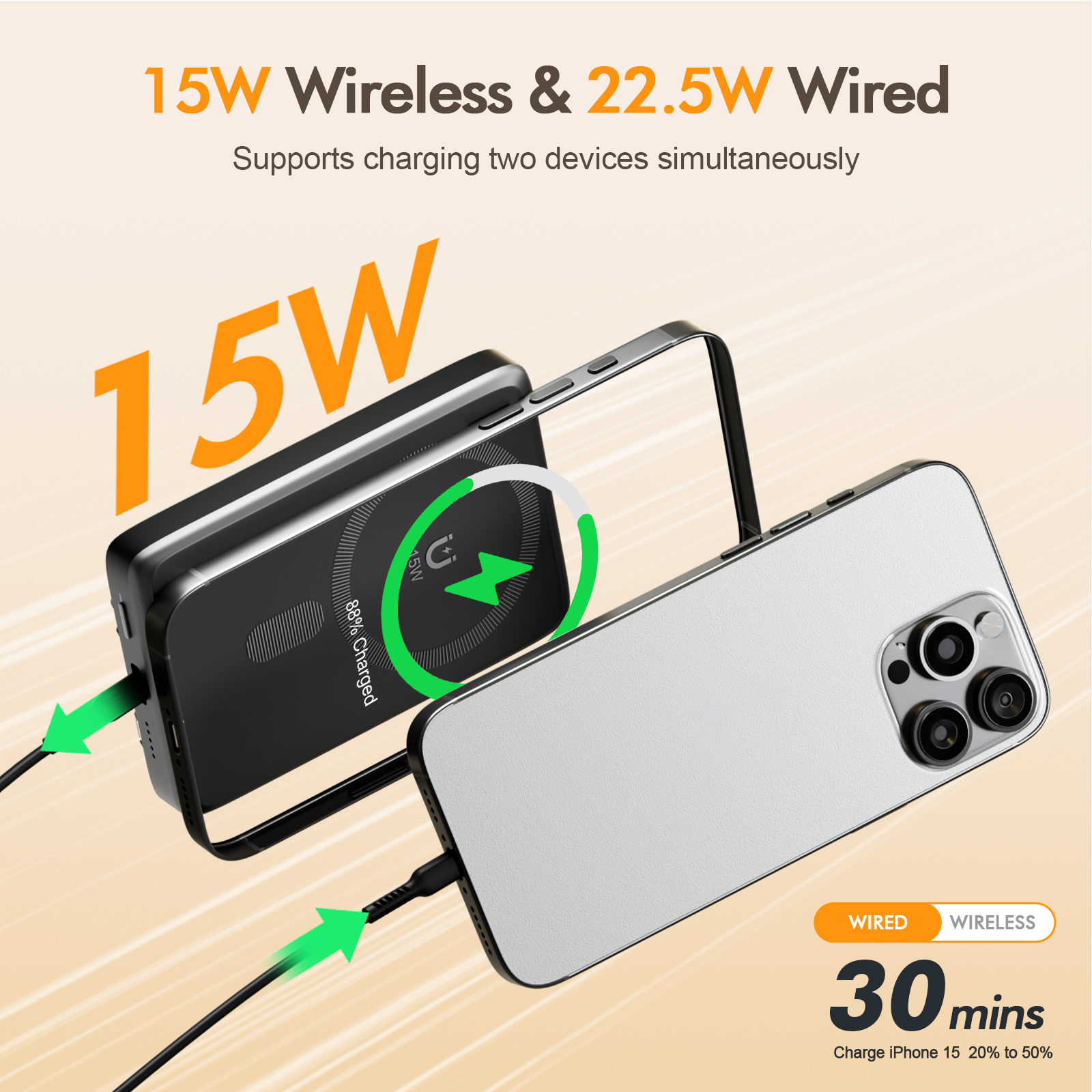 Portable Charger,10000mAh Wireless Power Bank with 22.5W Fast Charging Built-in USB-C Cable and Adjustable Stand, LED Display Battery Pack Compatible with iPhone 17 16 15 14 13 12 Andriod, Black
