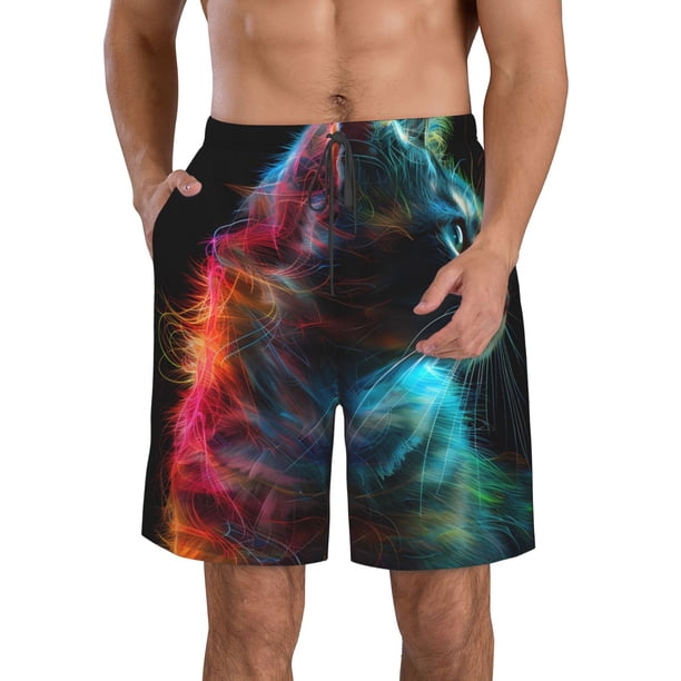 Fotbe Neon Spectrum Cat Portrait Trajes de Baño Estampados para Hombre, Shorts de Verano de Secado Rápido, Ropa de Playa, Bañadores-X-Large