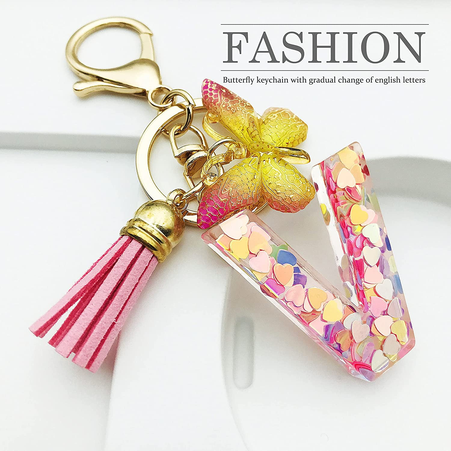 Keychains Accessories For Women Kids Cute Keychain Initial Letter Pink  Tassel Butterfly Car Key Chains B