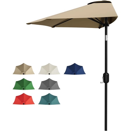 Senfot 9 FT Half Round Outdoor Patio Umbrella with Crank Lift, Tan Shade Canopy for Balcony Backyard Garden Deck