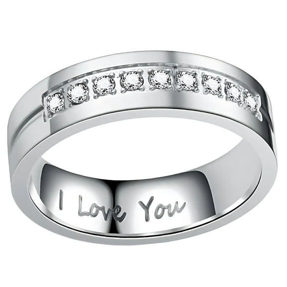 6mm Wedding Band for Men or Women by Ginger Lyne Inscribed I Love You Stainless Steel CZ