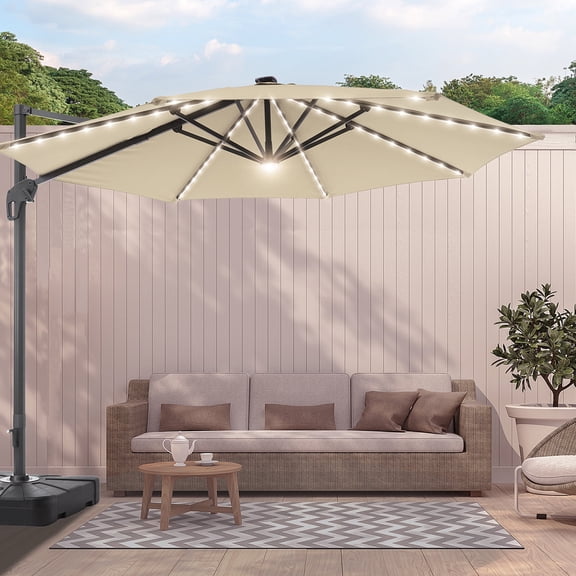 FLAME&SHADE 11ft LED Outdoor Hanging Cantilever Umbrella with a Base,Water Repellent UV Protection for Garden,Yard and Shop Street,Sandy Brown