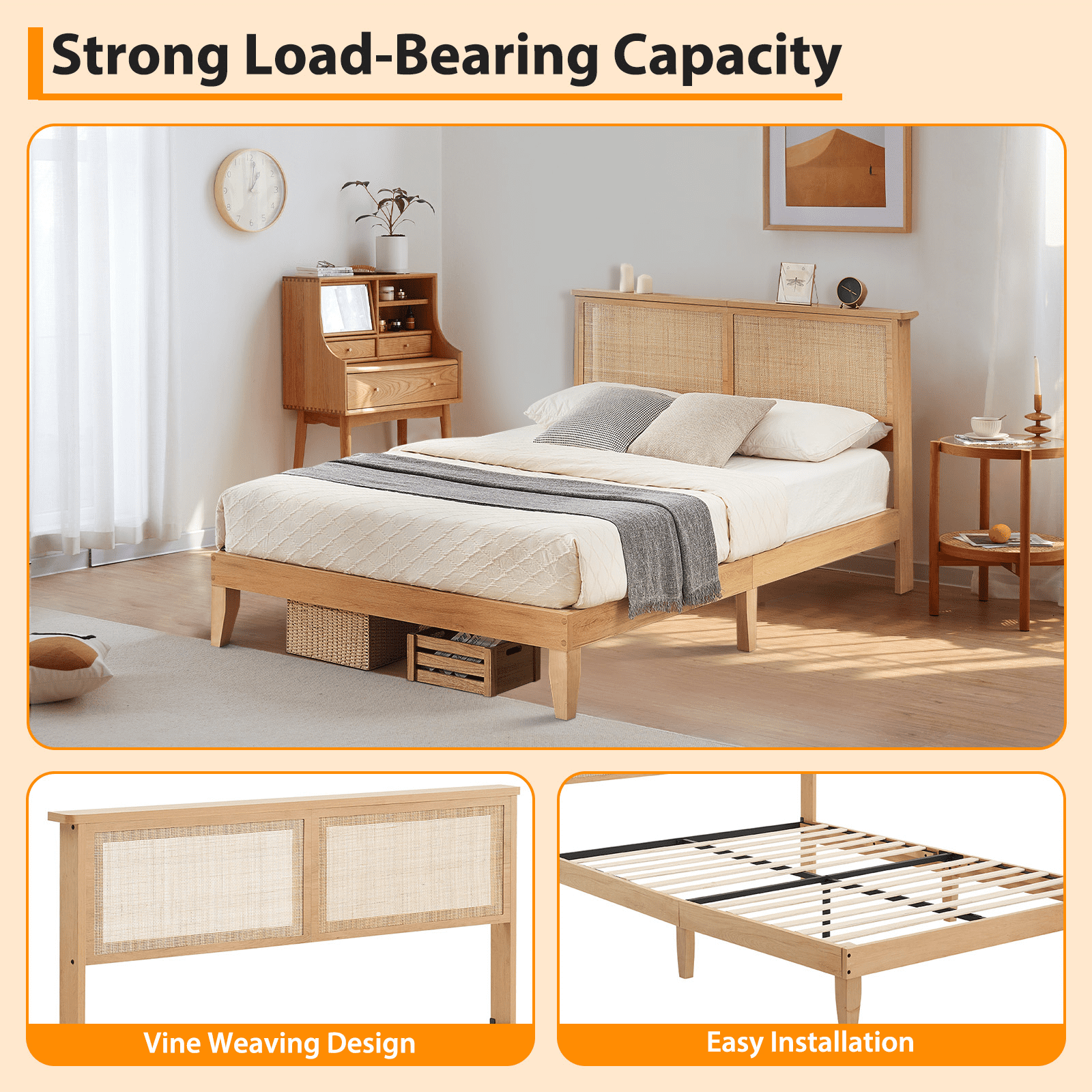 Rattan Queen Bed Frame, Queen Size Bed Frame with Natural Rattan Headboard, Platform Bed Frame with LED Lights, Under Bed Storage and Wooden Legs Support, Noise-Free, No Box Spring Needed