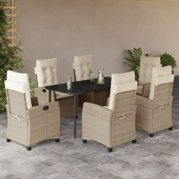 vidaXL Garden Dining Set Beige PE Rattan 7 Piece Adjustable Armrests