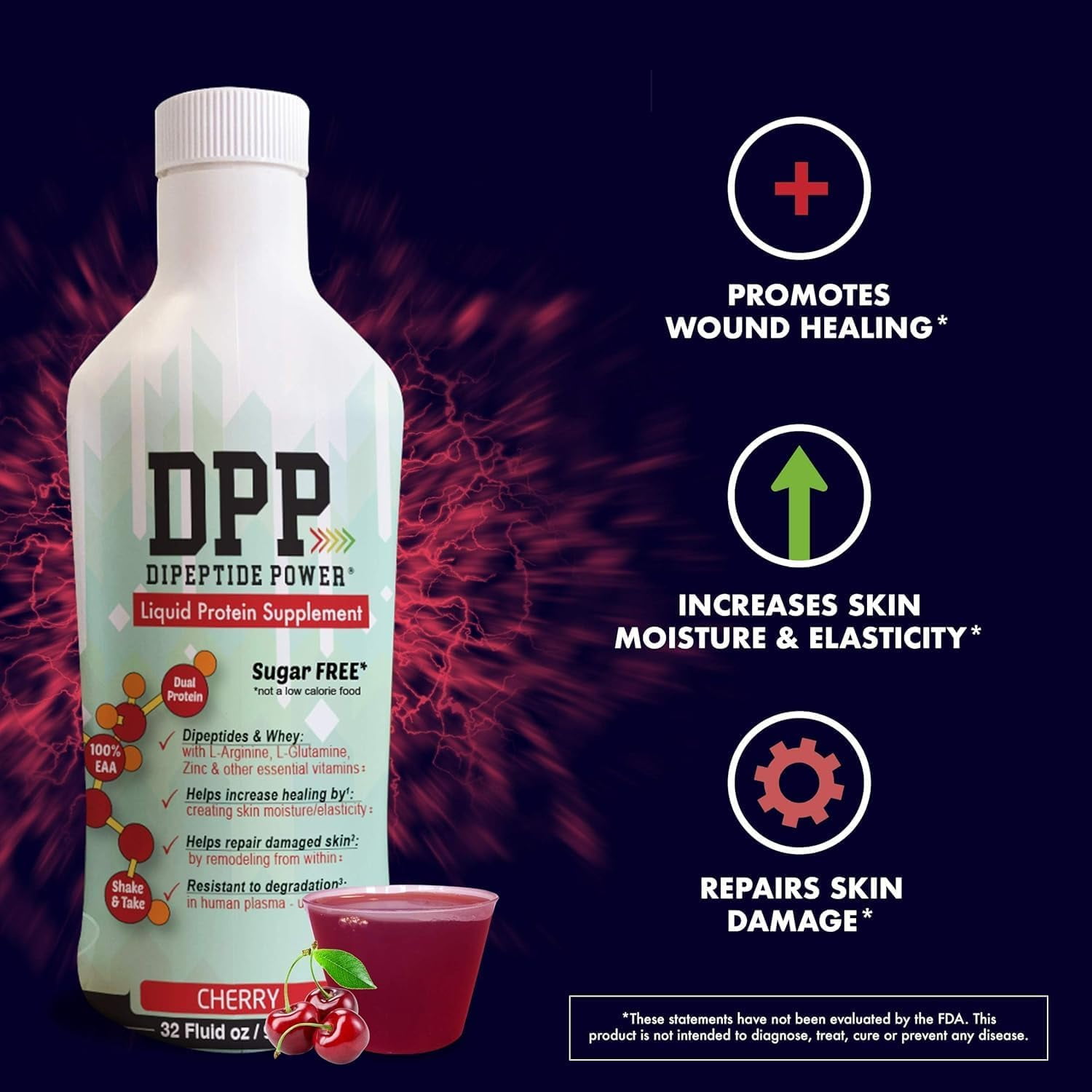 Nutritional Designs DPP Dipeptide, Wound-Healing Liquid Collagen & Whey Protein Supplement, Sugar-Free, Promotes Healthy Skin & Hair for Men & Women (Cherry, Bottle, 32 Fl Oz)