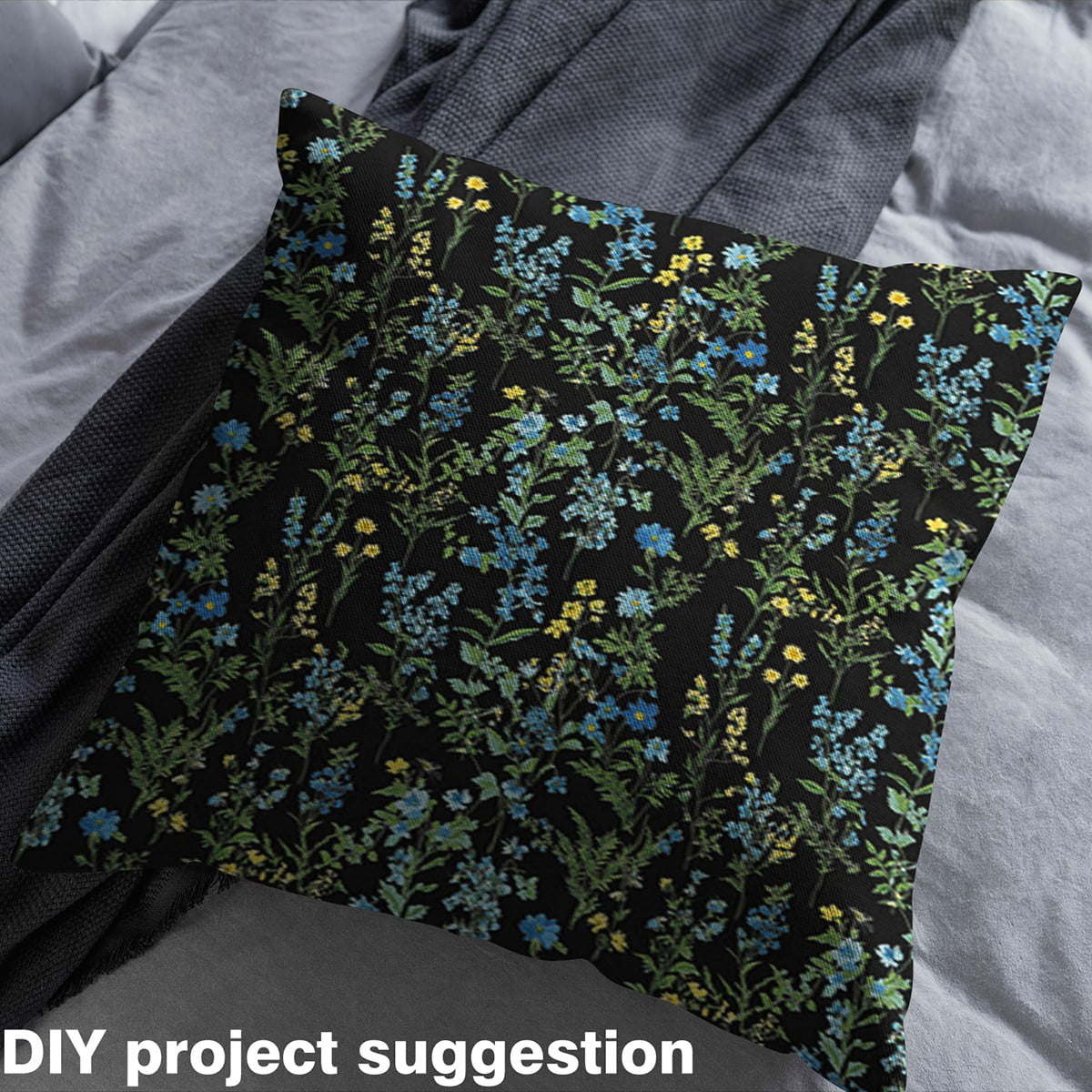 jejeloiu Blue Floral Fabric by the Yard 2 Yards, Spring Garden Flower Room Decor Fabric by the Yard, Botanical Blossoms Leaves Sewing Fabric, Green Black