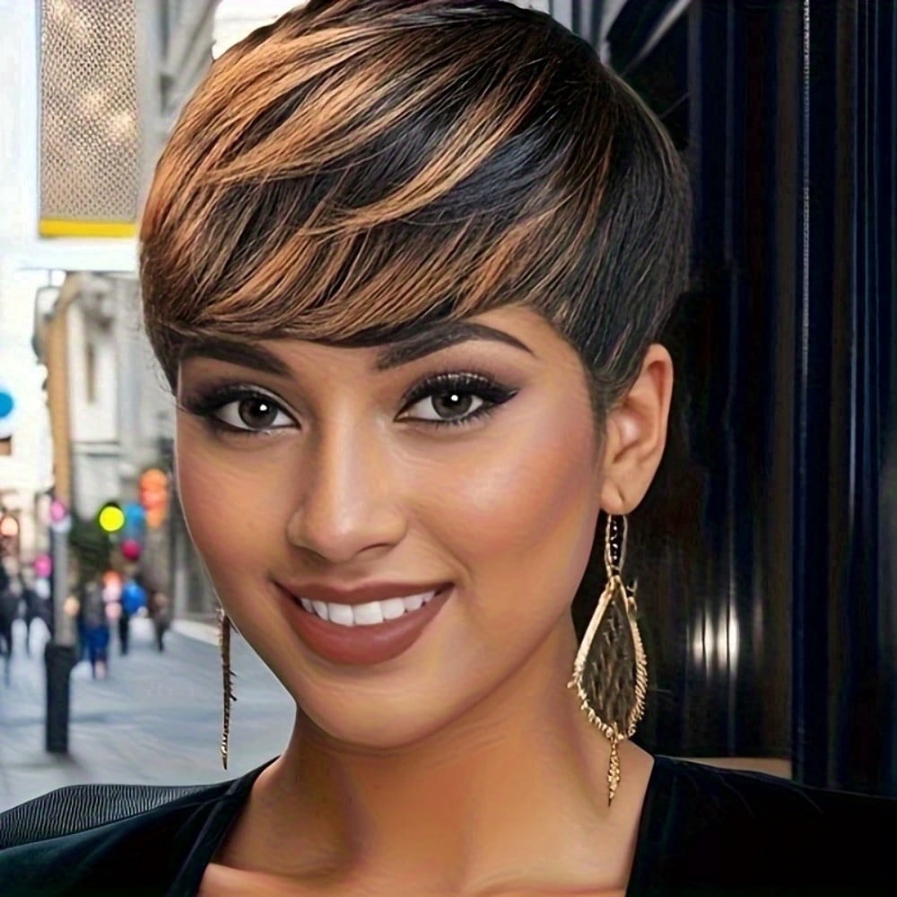 Short Straight Pixie Cut Wig Ombre 1B/30 Human Hair With Bangs 150% Density Full Machine Made Wigs For Women