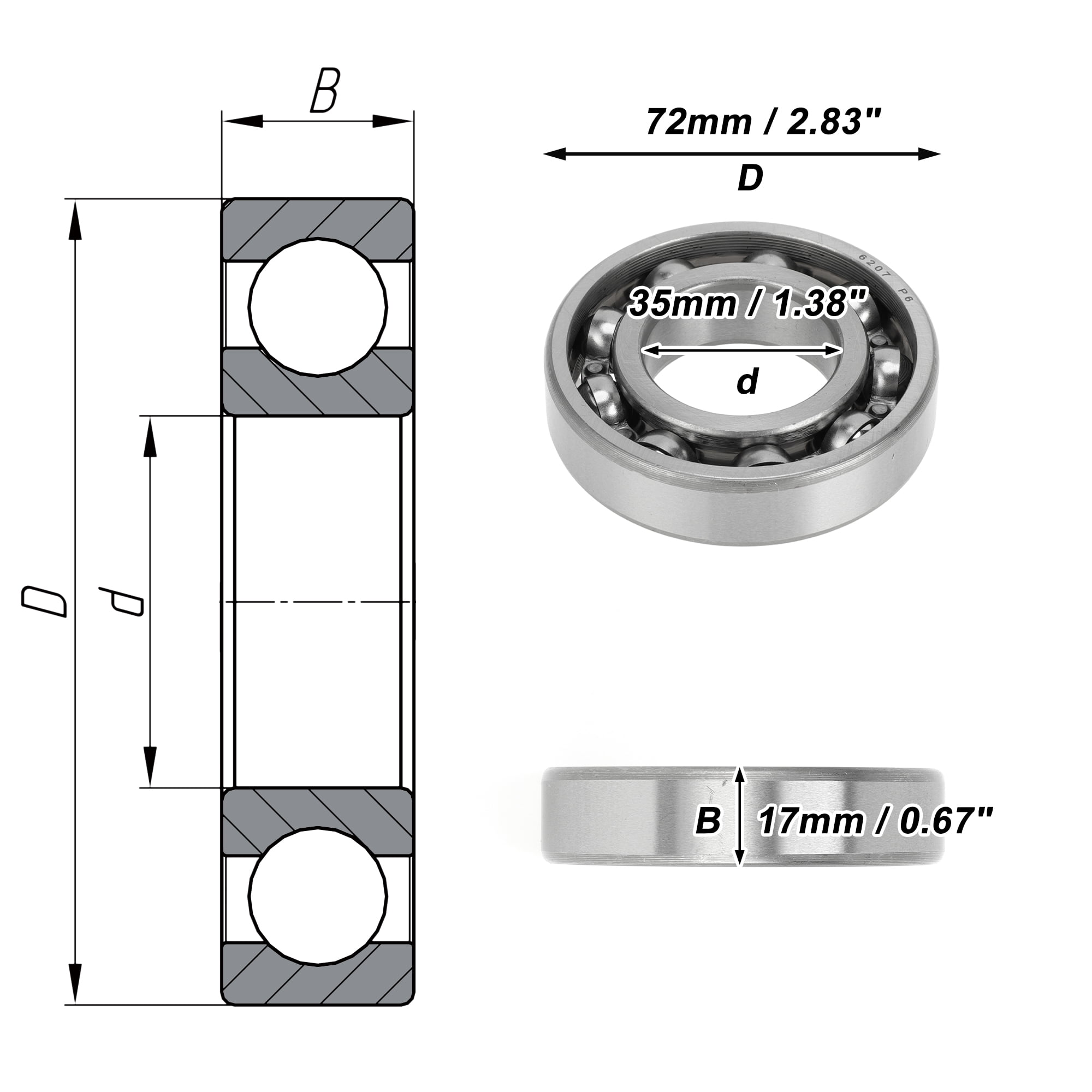 Unique Bargains 6207 Deep Groove Ball Bearings P6 35x72x17mm Lubricated Bearings Open Type Silver Tone Scooter Skateboard Wheel