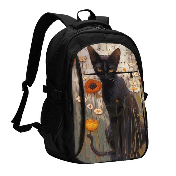 Balery Black Cat in Wildflowers Mochila con carga USB para hombre y mujer - Mochila impermeable y antirrobo para laptop con puerto USB para viajes, trabajo