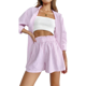 thumbnail image 2 of Trajes de 2 piezas para mujer, camisa de solapa de manga larga con botones a rayas + pantalones cortos con cordón XBTCLXEBCO S;Rosado, 2 of 6