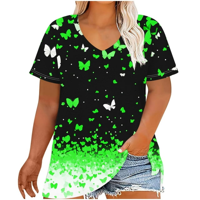 Puntoco Liquidación de blusas cortas para mujer, camiseta básica de verano de color sólido con cuello en V y manga corta con estampado de talla grande para mujer