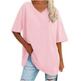 thumbnail image 2 of Otntypg Womens Oversized Tshirts Trendy Solid Color Summer V Neck Tee Shirts Half Sleeve Loose Fit T Shirt Cotton Tunic Tops Pink XL, 2 of 7