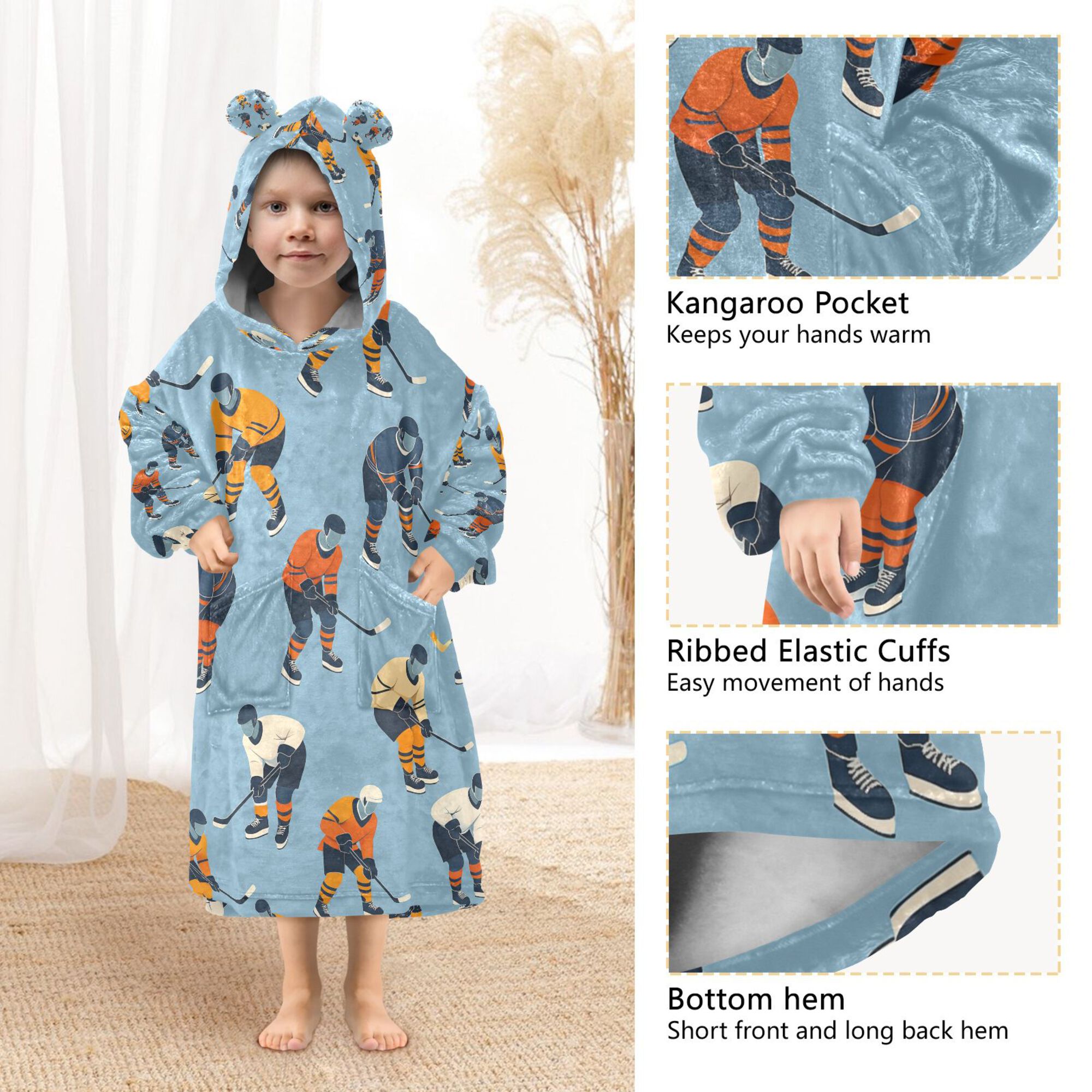 FORMRS Wearable Blanket Hoodie with Sleeves for Kids Cozy Flannel Sweatshirt, Blue Hockey Pattern