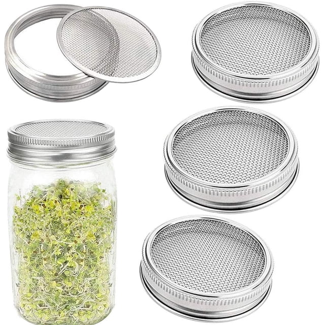 Paquete de 4 tapas de germinación de acero inoxidable: kit de tapa de filtro de germinación de tarro de malla para cultivar semillas de germinación orgánicas en la casa / cocina brillar Juguete