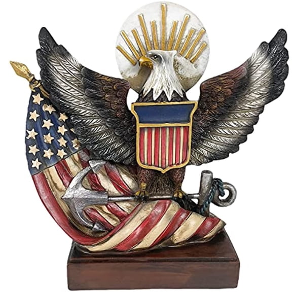 Urbalabs Bald Eagle On a USA Flag Liberty Bell Indoor Outdoor Office Desk or Fireplace Mantle Statue for Patriotic Garden Dcor Hand Painted Freedom Flag Bald Eagle Statue (Flag & Anchor)