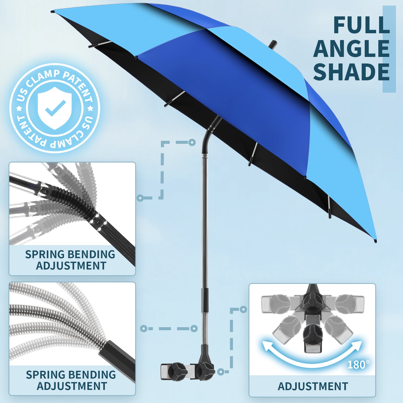 2 Pack 48.6" Double Canopy Umbrella with Clamp, UPF50+ Beach Chair Umbrella with clip, 360°Adjustable Portable Outdoor Wheelchair, Patio, Golf Carts,Camping(Blue / Light Blue, Not Include Chair)