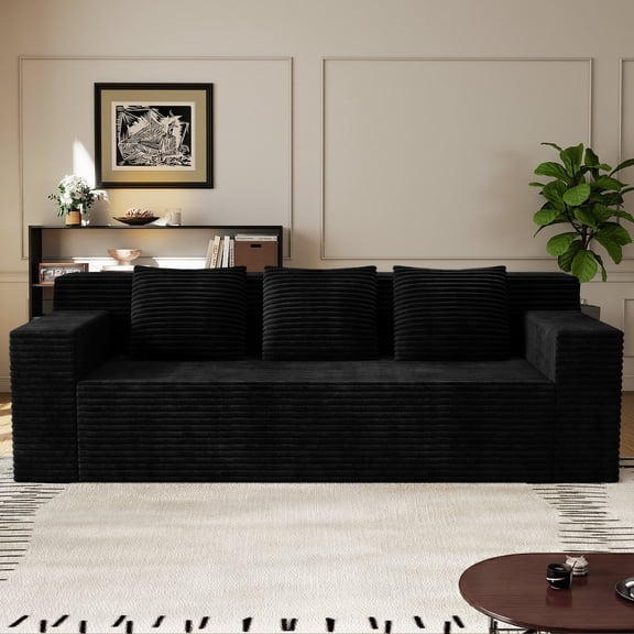 Muumblus 71" Boneless Sofa with Square Arms, Living Room Upholstered Deep Seat Couch with Pocket, Black Corduroy