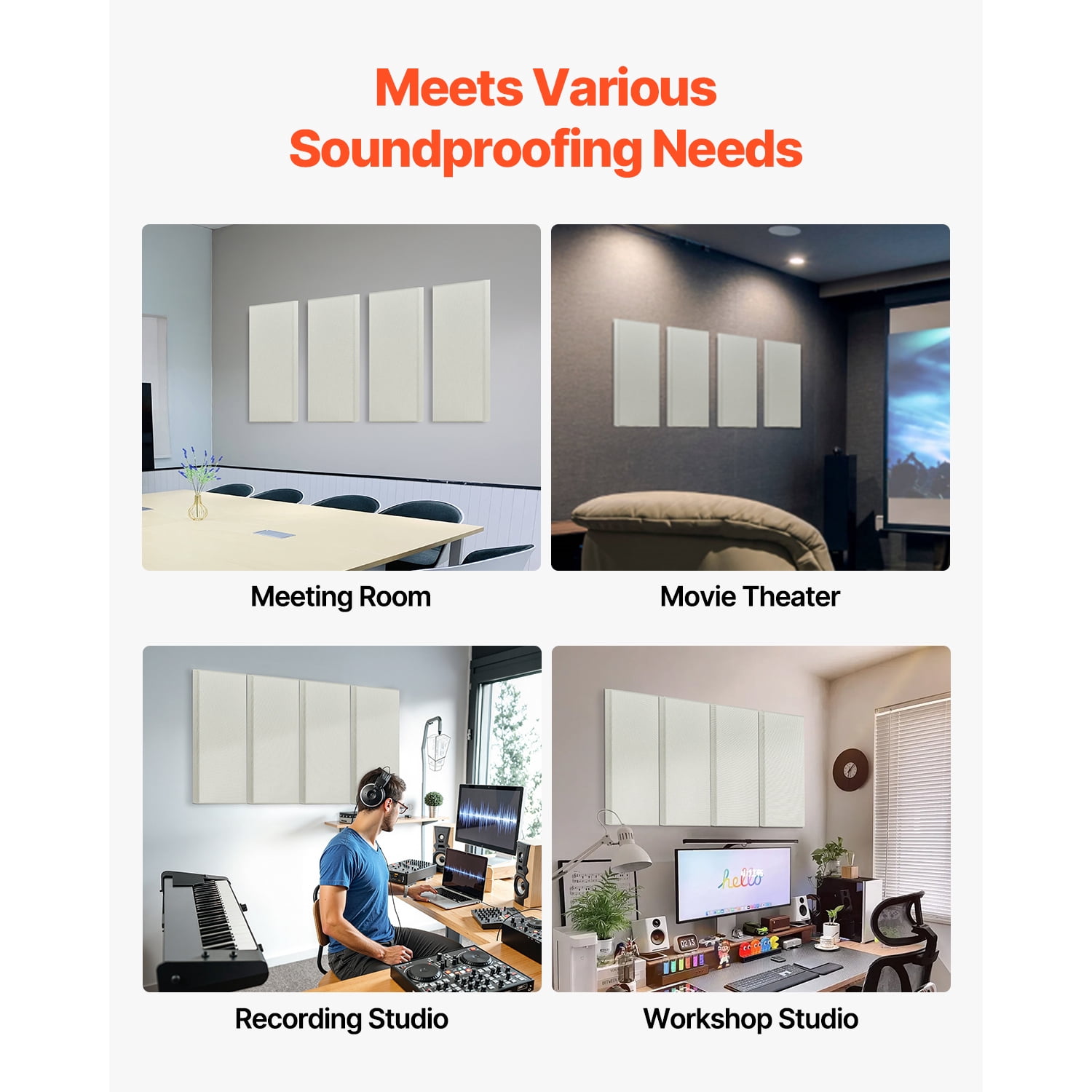 KFFKFF Quartet of Acoustic Panels, Fiberglass Sound Dampening Panels of 2 inch Thickness, 23.6 x 11.8 inch Dimensions, Self-stick Noise Reduction Wall Boards, Suitable for Studios, Office, Home