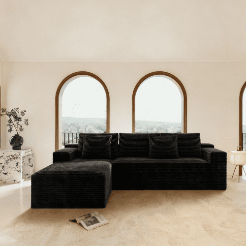 Modular Sectional Sofa, 4-Seat Corner Couch with Reversible Chaise, Plush Corduroy Fabric Sofa Set, No Assembly Required, Black Upholstered Sofa for Living Room