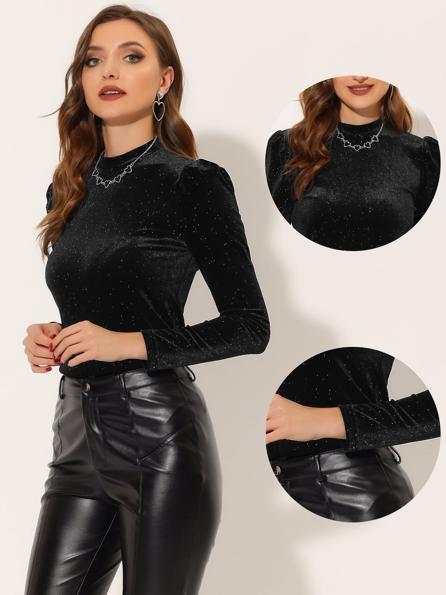 DARING DIVA Metallic Glitter Velvet Mock Neck Puff Blouse XL Black