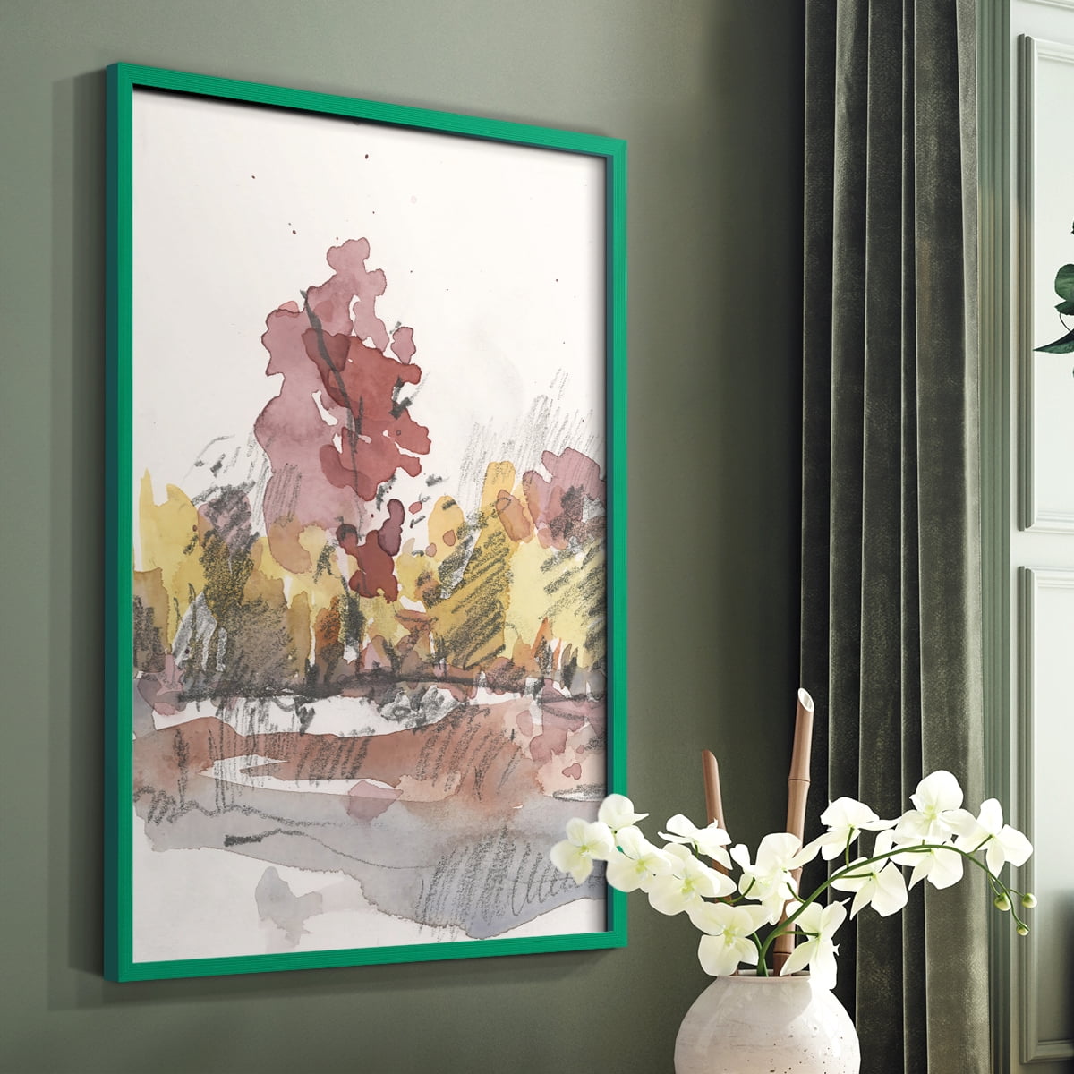 Watercolor Treeline Sketch I Framed Print in Green Solid Wood 8 x 10 Framed Print