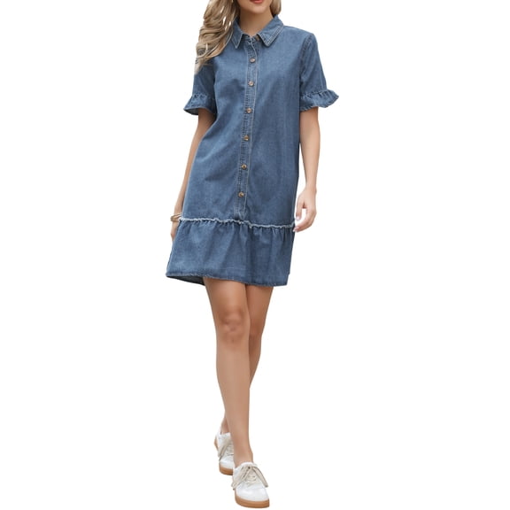INSPIRE CHIC Denim Mini Dress for Women's Ruffle Sleeve Button Up Collared Casual Jean Dresses with Pockets XS Blue