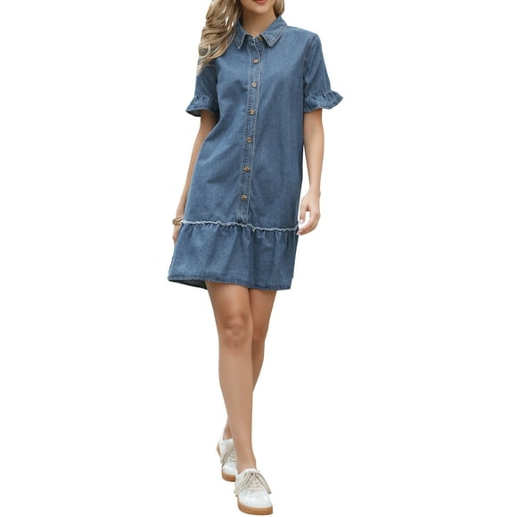 INSPIRE CHIC Denim Mini Dress for Women's Ruffle Sleeve Button Up Collared Casual Jean Dresses with Pockets M Blue