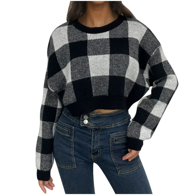 cfhntfmh Cropped Sweaters for Women 2024 Fall Trendy Oversized Sweaters Long Sleeve Round Neck Pullover Tops