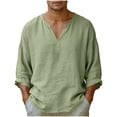 thumbnail image 2 of Mifsaly Mens Beach Shirts V Neck Long Sleeve Cotton Linen Shirt Lightweight Breathable Loose Fit Vacation Lounge Fashion T-Shirts Green,S, 2 of 8