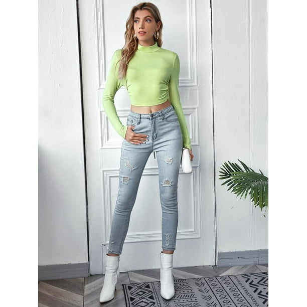 Women's Sexy Long Sleeve Backless Crop Top Slim Shirts Party Club
