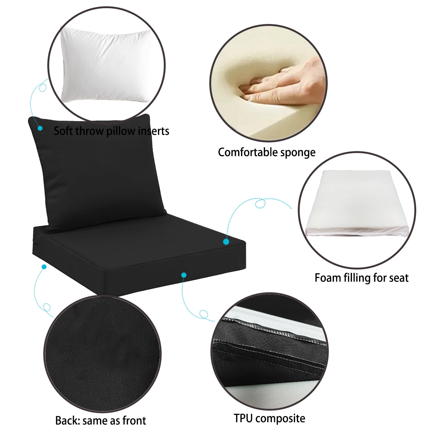 Outdoor Seat Cushions for Patio Furniture Set of 24x24 Inch for Waterproof Replacement Cushions with Removable Cover for Chair Yard Garden Deck,Black