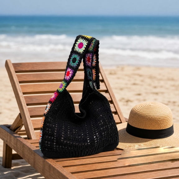 Kmonabie Handmade Knitted Shoulder Bag, Colorful Floral Strap Woven Tote Summer, Bohemian Crochet Beach Bag for Women Travel Market, Black