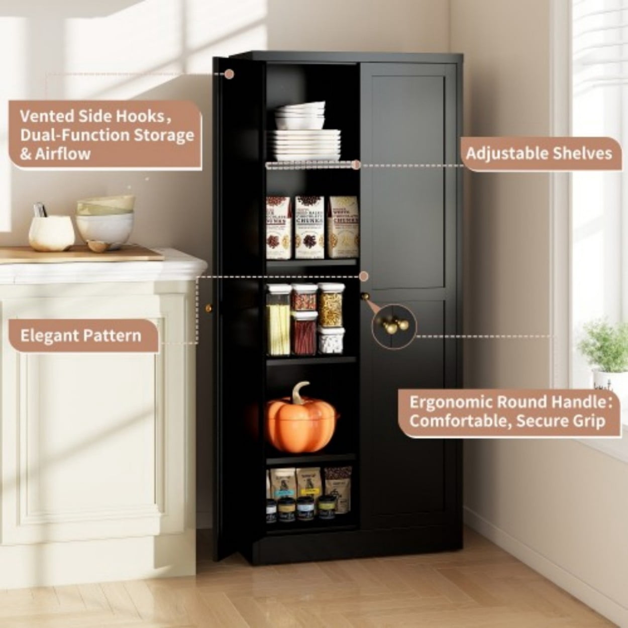 61" Metal Kitchen Pantry Cabinet, Heavy Duty Freestanding Storage Cabinet with 4 Adjustable Shelves, Farmhouse Organizer with Doors for Kitchen Living Room, Black