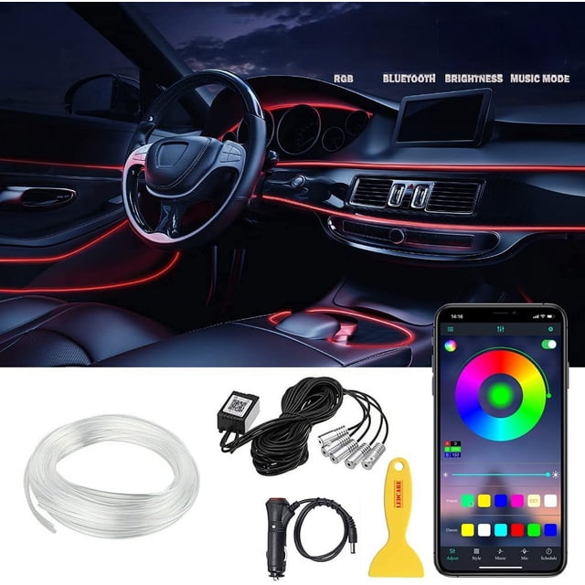 Luz de ambiente para automóvil noble sin rosca, línea de fibra de carbono, luz fría, luz de ambiente para automóvil de 64 colores, control por aplicación