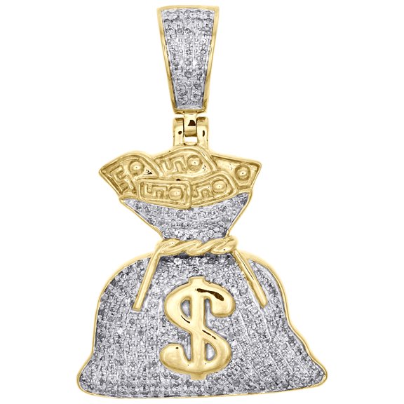 10K Yellow Gold Mens Dollar Money Bag Diamond Pave 1.20" Pendant Charm 1/2 CT.