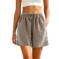 thumbnail image 2 of Karymi Halara Pants Women Cotton Linen Drawstring Elastic High Waist Floral Embroidery Hem Loose Casual Bermuda Solid Shorts with Side Pockets Workout Shorts Women, 2 of 6